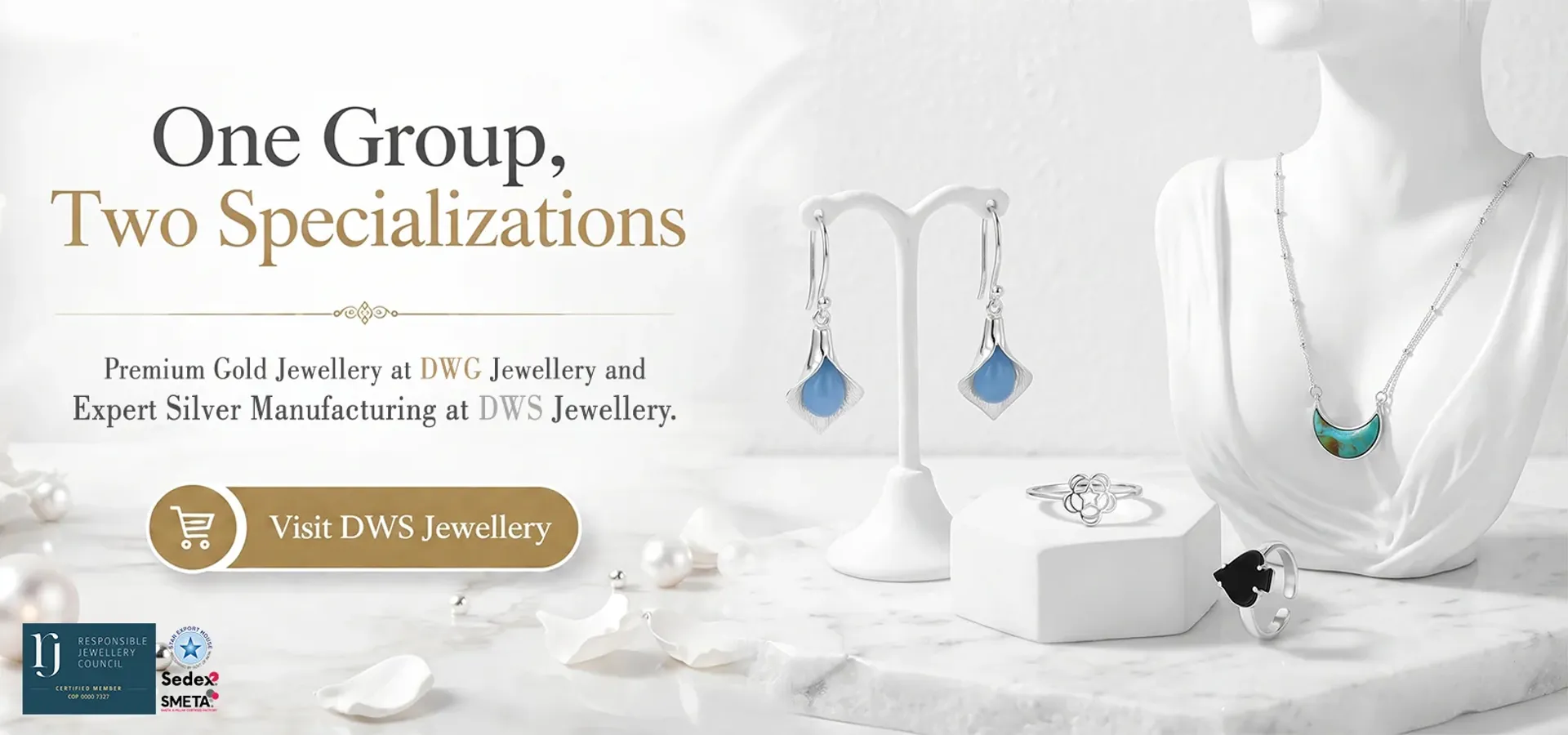 One Group, Two Specializations: Premium Gold Jewellery at DWG Jewellery and Expert Silver Manufacturing at DWS Jewellery. One Group, Two Specializations: Premium Gold Jewellery at DWG Jewellery and Expert Silver Manufacturing at DWS Jewellery.